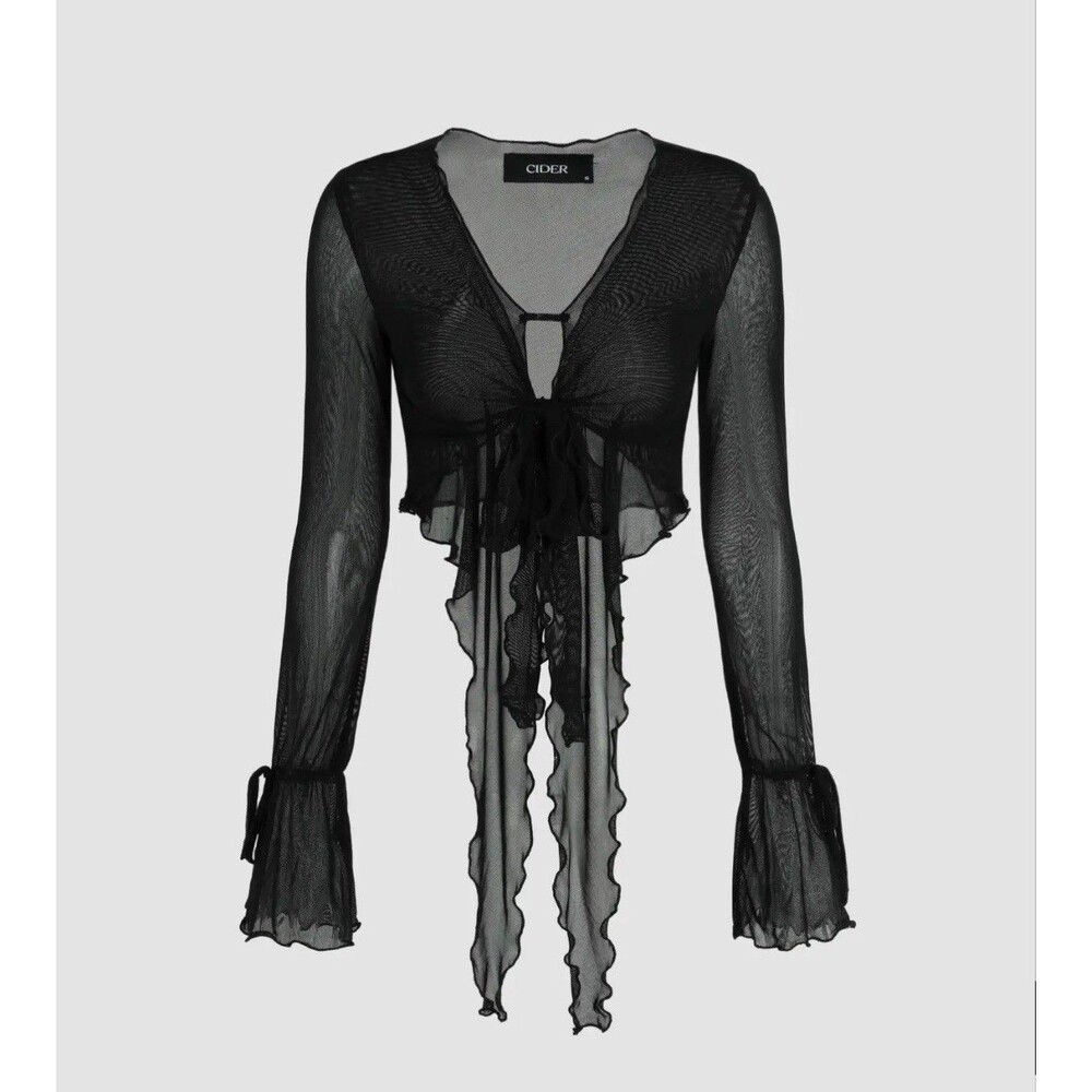 Cider Black Sheer Ruffle Tie Front Crop Top Long Sleeve Size L